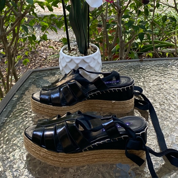 Ralph Lauren Purple Label Black Wrap Around Strap Platform Espadrilles Sandals - Picture 9 of 16